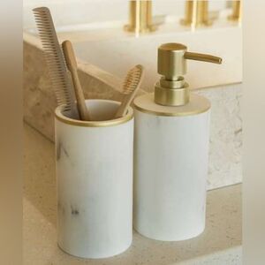 NEW Sunday Citizen Soap Dispenser and Toothbrush Holder Faux Marble gold accents